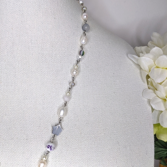Long freshwater Pearl necklace with crystal beads and a charm. Handmade by me. - Picture 3 of 7